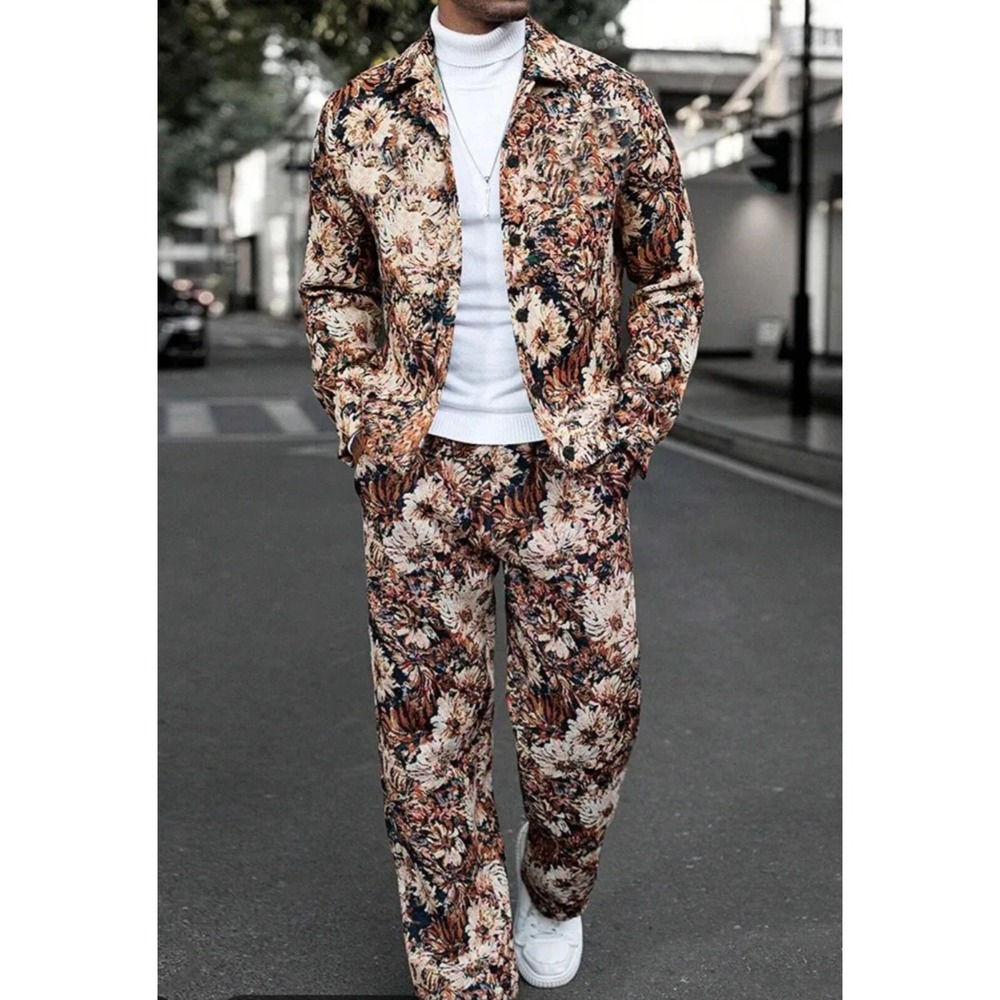 C'estlavie Men Floral Tapestry 2 Piece Set Trucker Jacket and Matching Pants L - Picture 1 of 12
